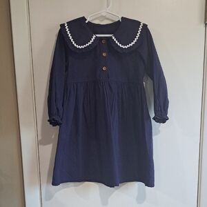 Navy Blue Long Sleeve Dress with White Trim